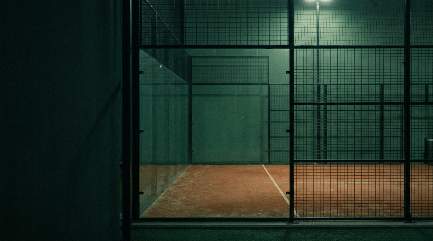 Court de padel vu de l'extérieur à travers la vitre et le grillage, à la tombée du jour