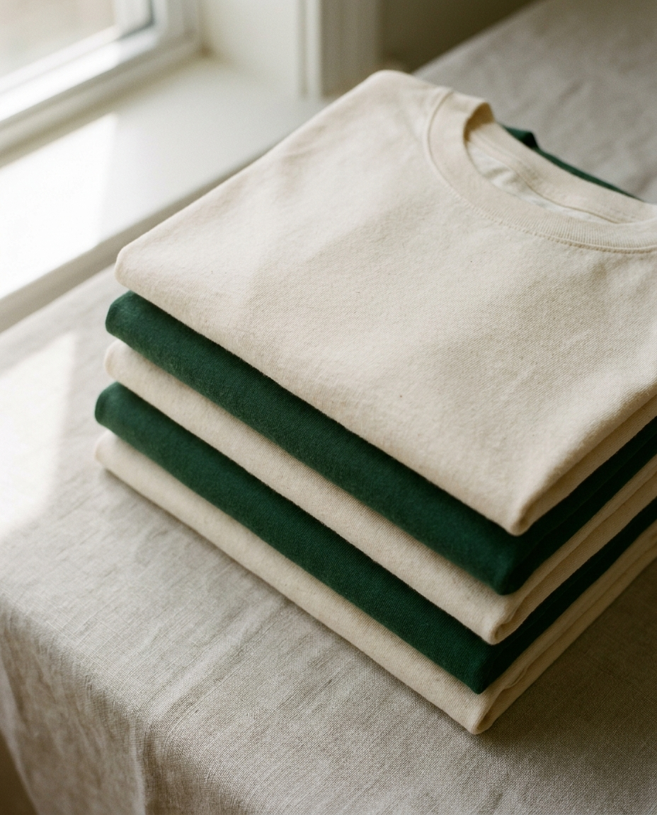 Pile de t-shirts en coton biologique crème et vert forêt, pliés sur du lin